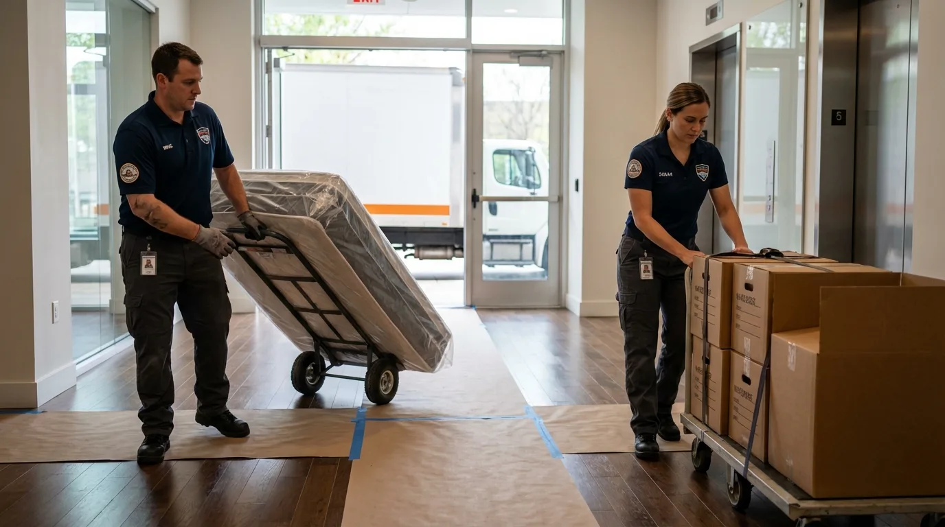 Professional apartment movers loading elevator in Allendale, MI